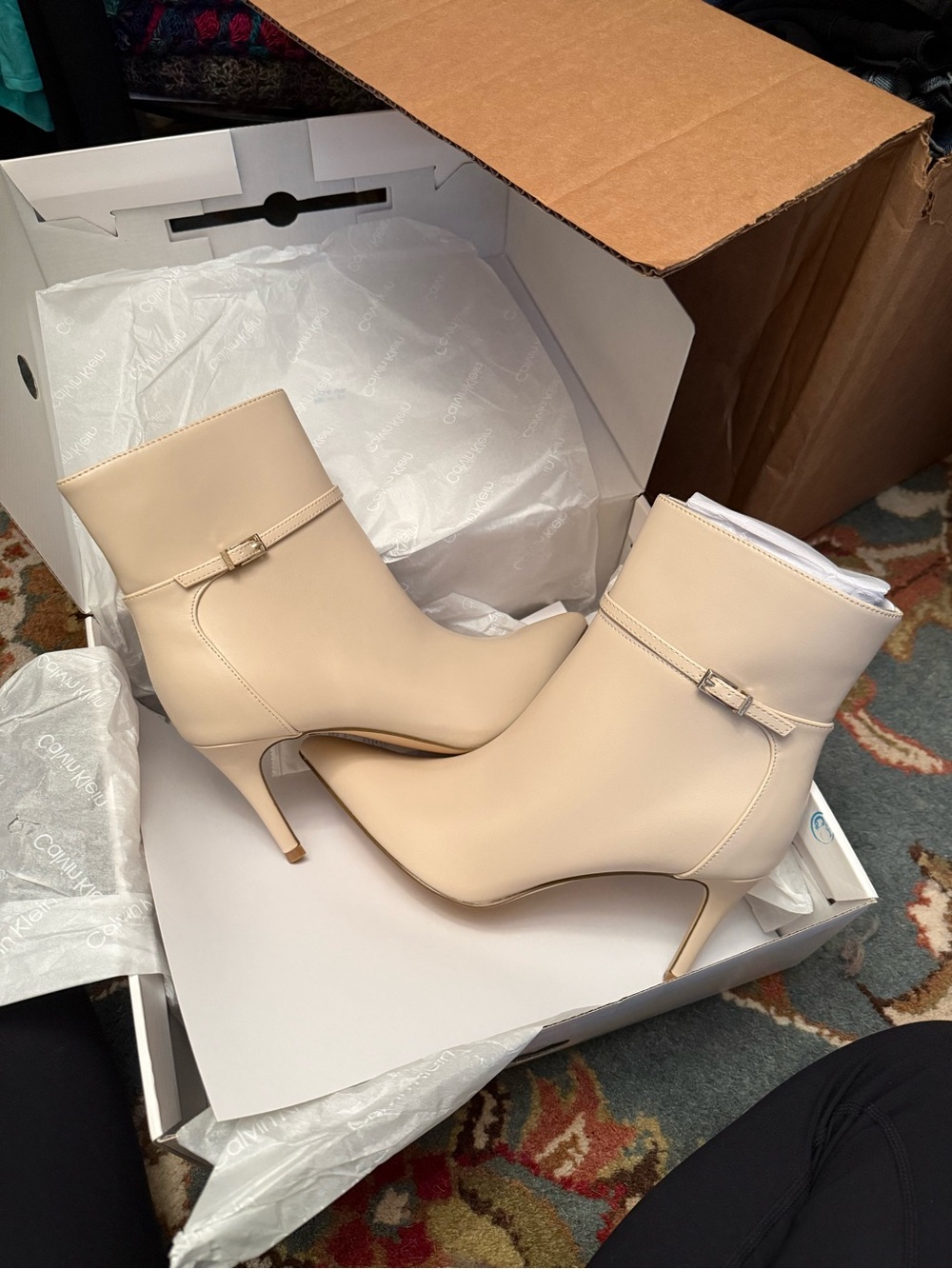 Calvin Klein Beige Pointed-Toe Ankle Boots with Slim Heel